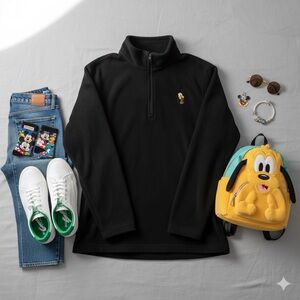 Disney Vintage Black Fleece Quarter Zip Sweatshirt Pluto Soft‎ Comfortable